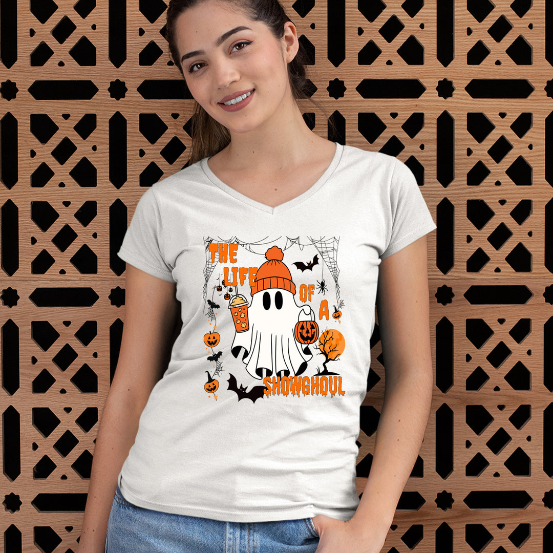 Life of a Showghoul Halloween Showgirl Vibes Ladies V-Neck T-shirt