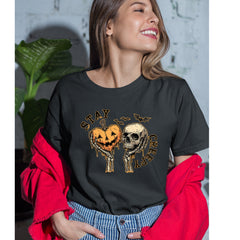 Stay Creepy Skull and Pumpkin Halloween Womens T-shirt 