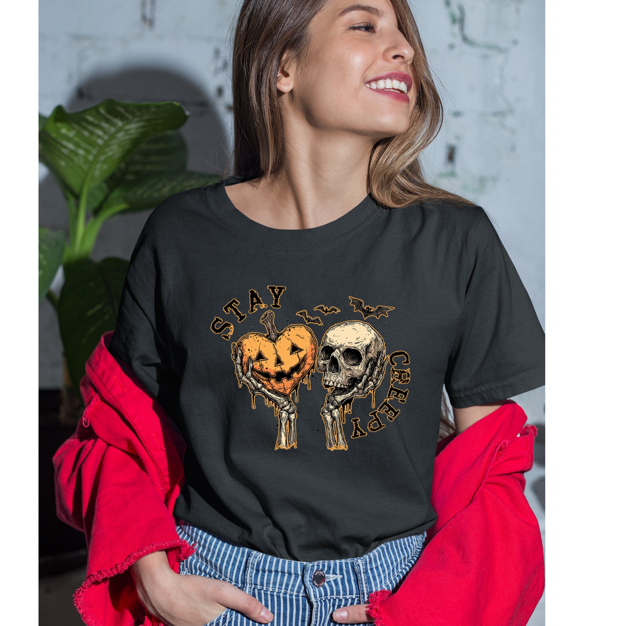 Stay Creepy Skull and Pumpkin Halloween Womens T-shirt 