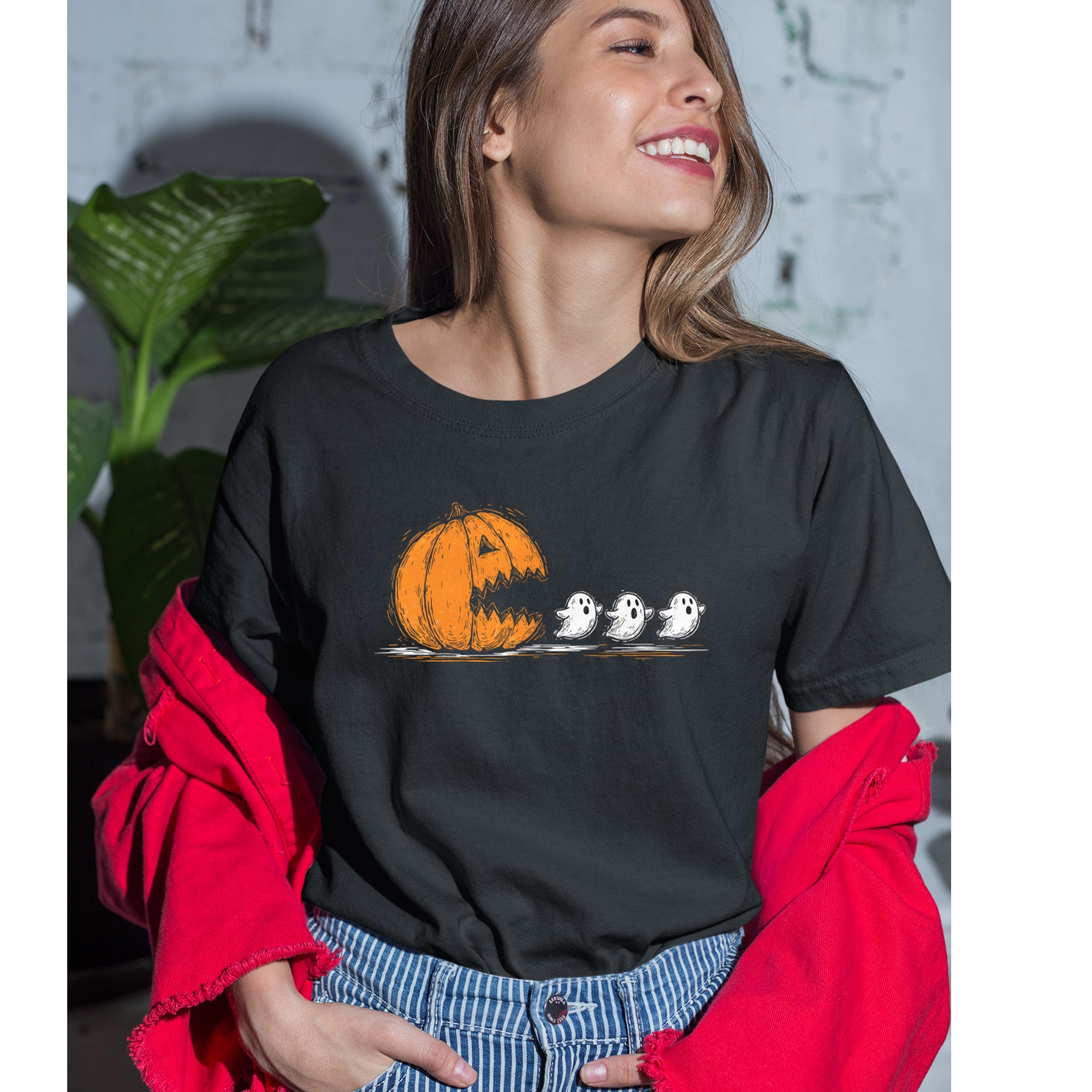 Pumpkin Pacman Chasing Ghosts Halloween Womens T-shirt 