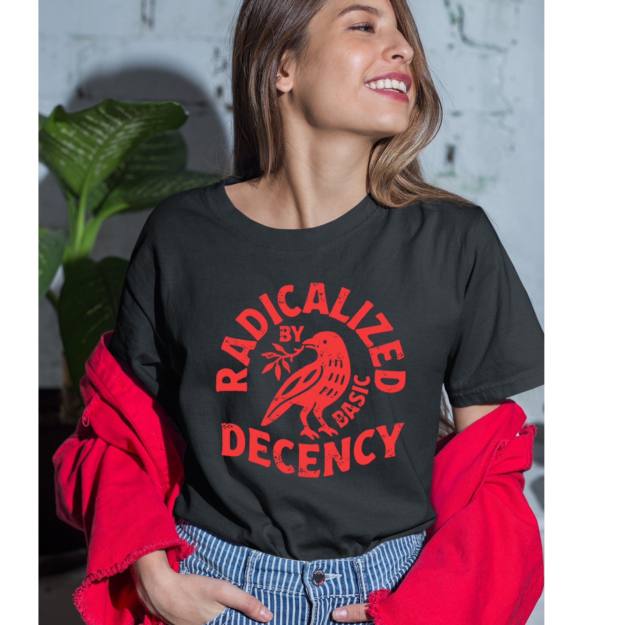 Radicalized by Basic Decency Dove Protest Statement Womens T-shirt 