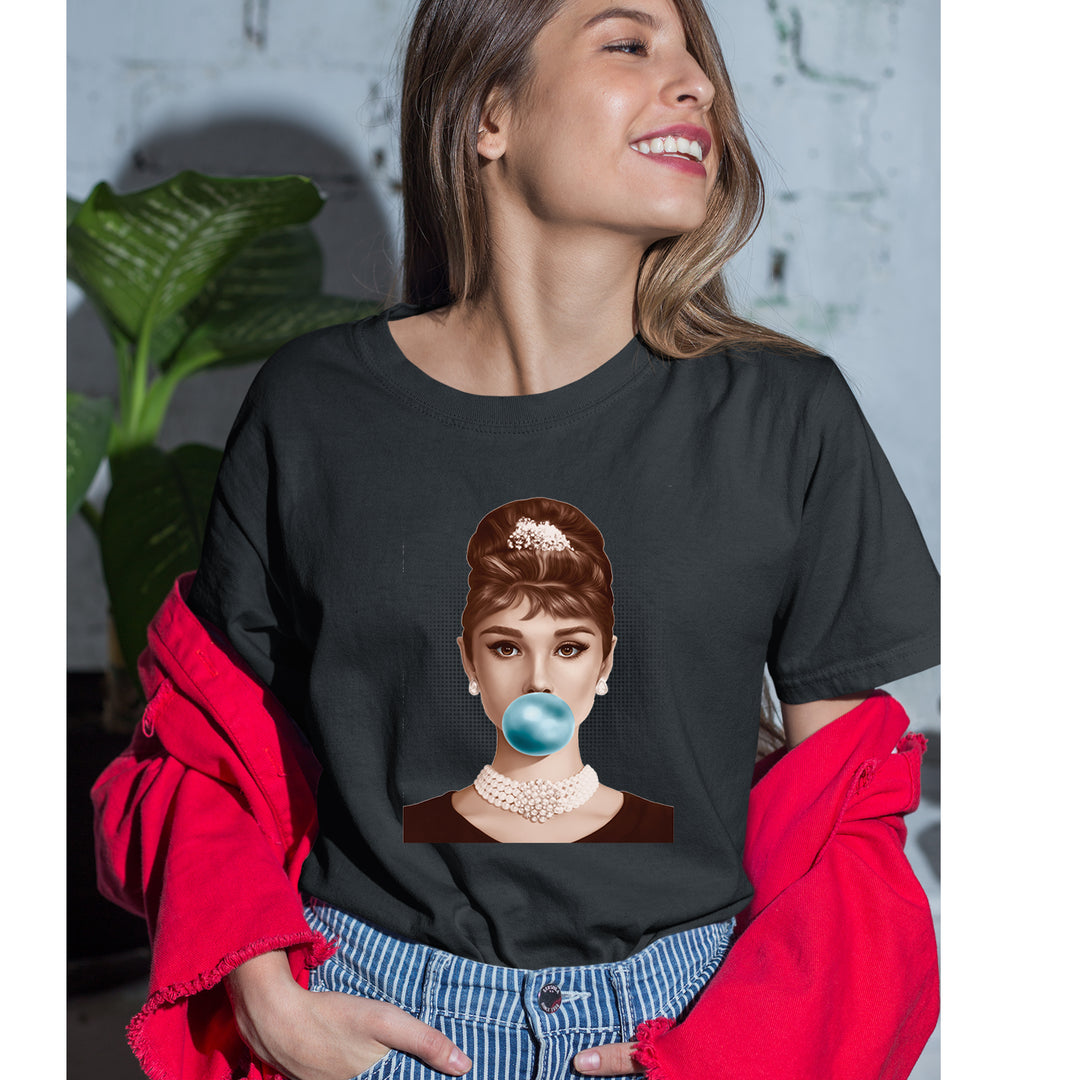 Audrey Hepburn Chewing Bubble Gum American Icon Womens T-shirt 