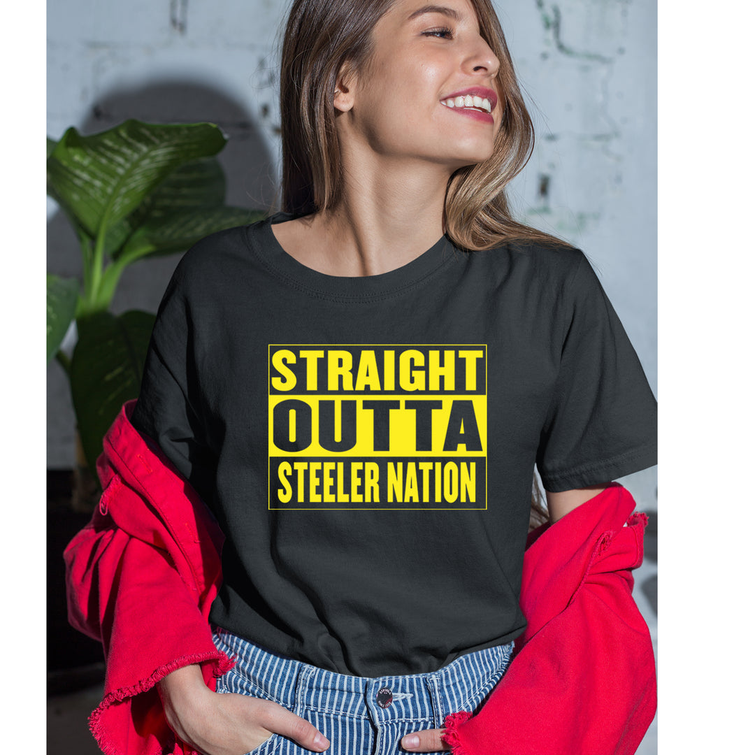 Straight Outta Steeler Nation Football graphic on Women's Heavyweight Cotton T-Shirt