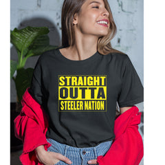Straight Outta Steeler Nation Football graphic on Women's Heavyweight Cotton T-Shirt