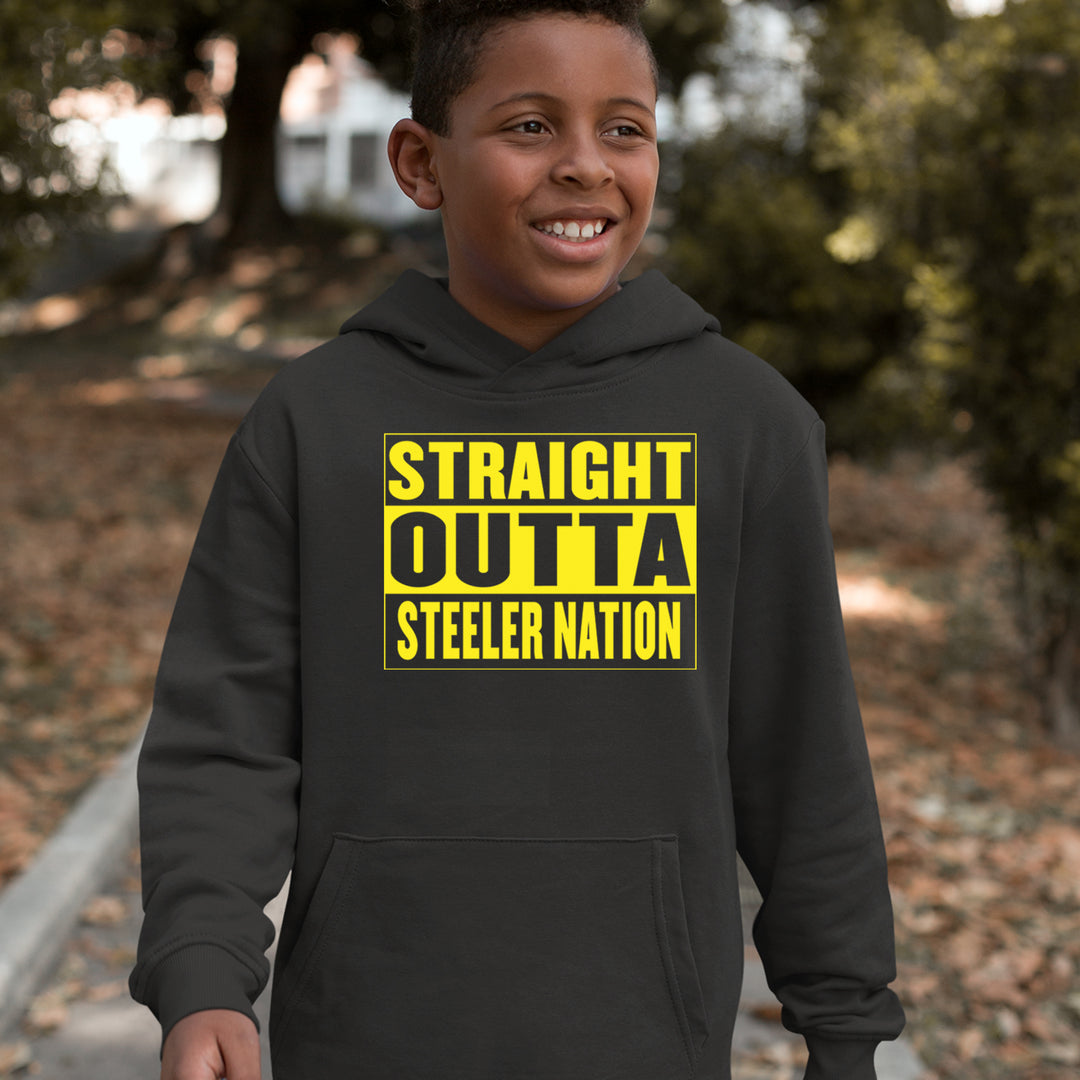 Straight Outta Steeler Nation Football graphic on Kids' Heavyweight Fleece Pullover Hoodie alternate view 2
