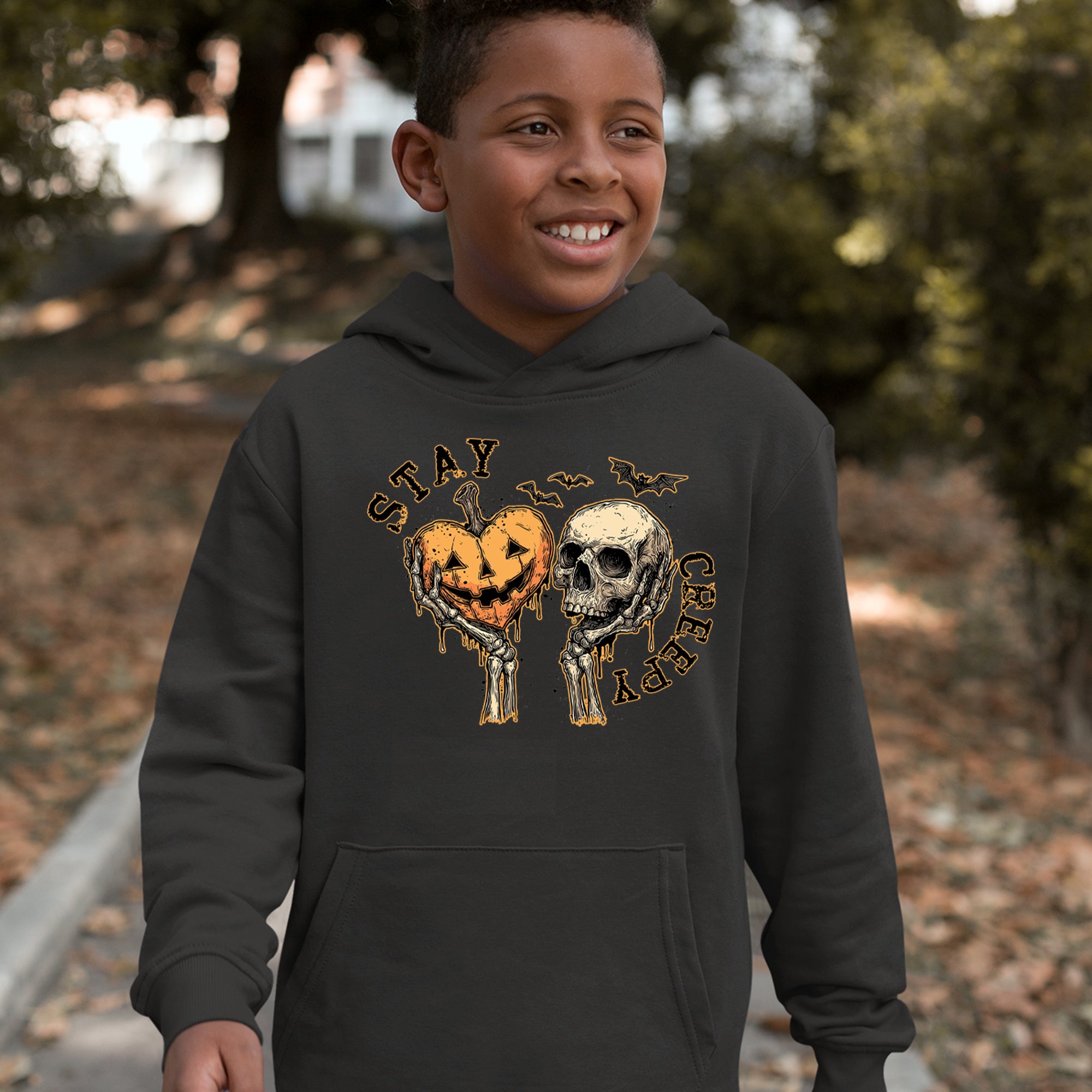 Stay Creepy Skull and Pumpkin Halloween Youth-Sized Hoodie 