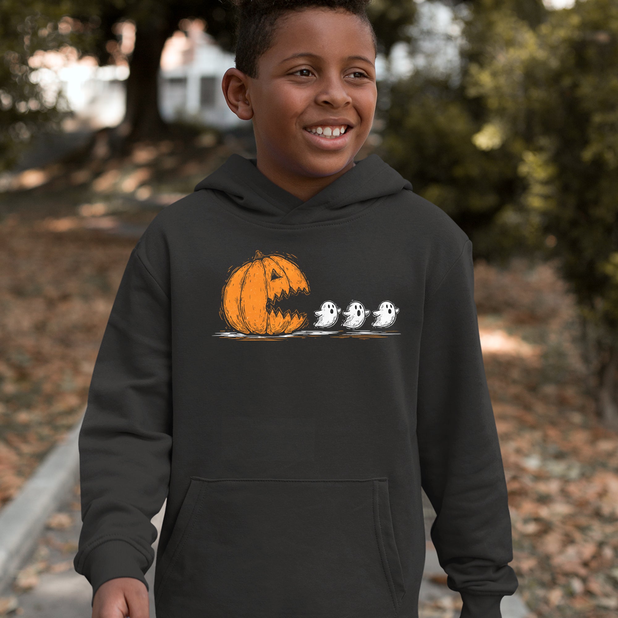 Pumpkin Pacman Chasing Ghosts Halloween Youth-Sized Hoodie 