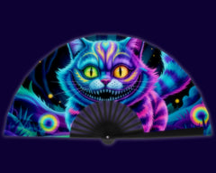 Neon Cheshire Cat Folding Fan – UV Blacklight Reactive | 26" Rave Clack Fan for Festivals, Clubs, and EDM Events