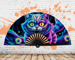 Neon Cheshire Cat Folding Fan – UV Blacklight Reactive | 26" Rave Clack Fan for Festivals, Clubs, and EDM Events