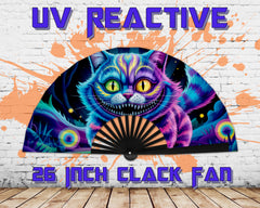 Neon Cheshire Cat Folding Fan – UV Blacklight Reactive | 26" Rave Clack Fan for Festivals, Clubs, and EDM Events