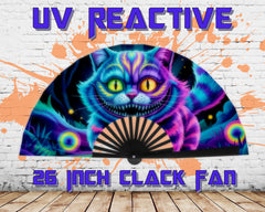 Neon Cheshire Cat Folding Fan – UV Blacklight Reactive | 26" Rave Clack Fan for Festivals, Clubs, and EDM Events