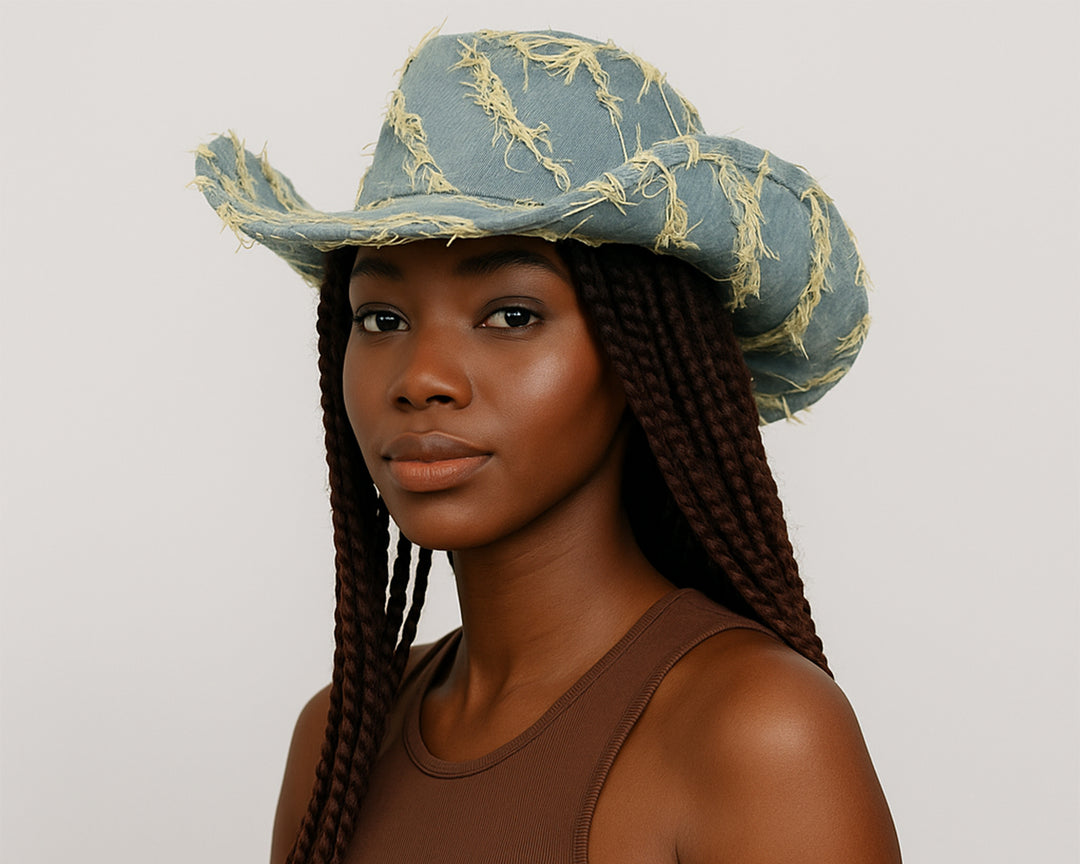 Denim Cowboy Hat, Frayed Rodeo Cowgirl Hat, Country Music Merch, Western Concert Outfit, Summer Style, Festival Accessories, Denim On Denim