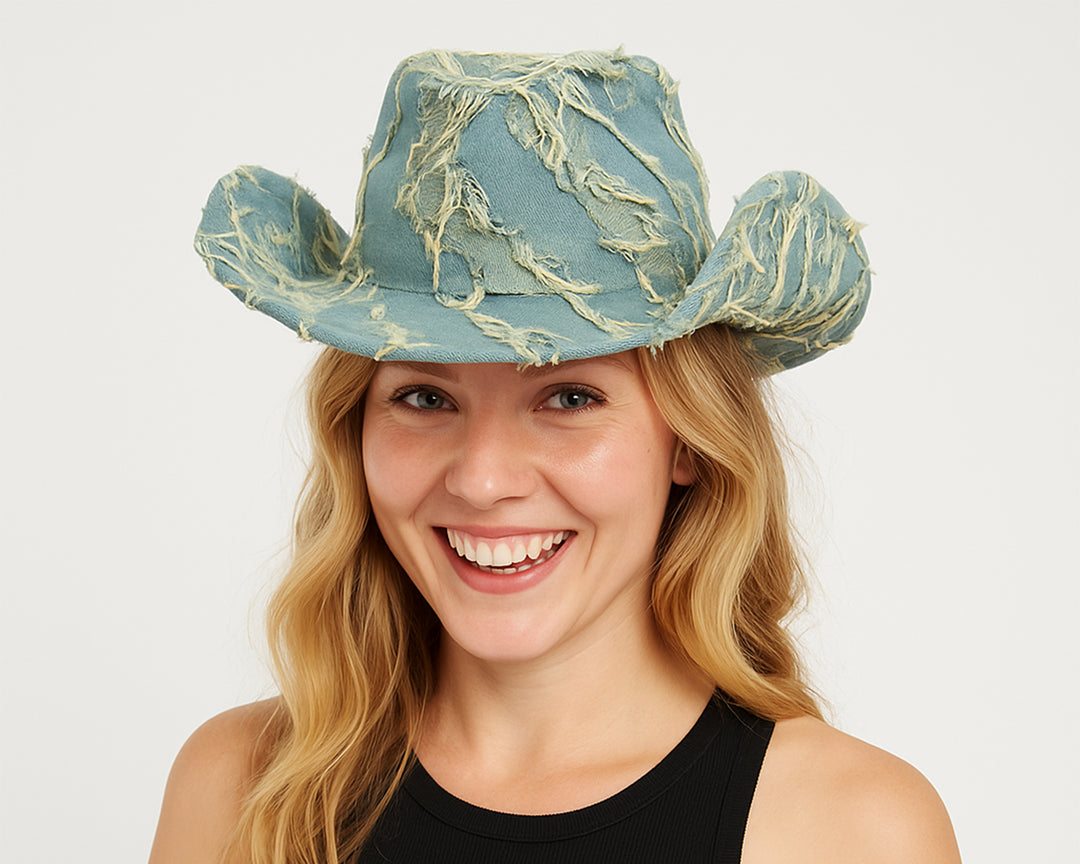 Denim Cowboy Hat, Frayed Rodeo Cowgirl Hat, Country Music Merch, Western Concert Outfit, Summer Style, Festival Accessories, Denim On Denim