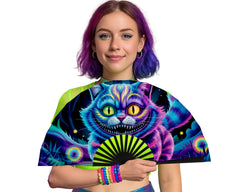 Neon Cheshire Cat Folding Fan – UV Blacklight Reactive | 26" Rave Clack Fan for Festivals, Clubs, and EDM Events
