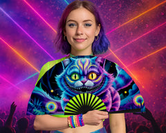 Neon Cheshire Cat Folding Fan – UV Blacklight Reactive | 26" Rave Clack Fan for Festivals, Clubs, and EDM Events