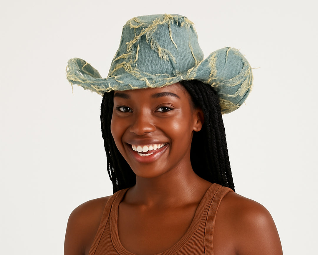 Denim Cowboy Hat, Frayed Rodeo Cowgirl Hat, Country Music Merch, Western Concert Outfit, Summer Style, Festival Accessories, Denim On Denim