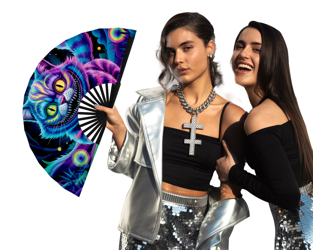 Neon Cheshire Cat Folding Fan – UV Blacklight Reactive | 26" Rave Clack Fan for Festivals, Clubs, and EDM Events