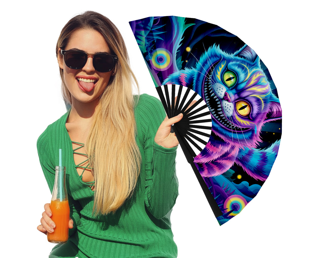 Neon Cheshire Cat Folding Fan – UV Blacklight Reactive | 26" Rave Clack Fan for Festivals, Clubs, and EDM Events