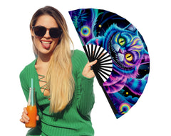 Neon Cheshire Cat Folding Fan – UV Blacklight Reactive | 26" Rave Clack Fan for Festivals, Clubs, and EDM Events