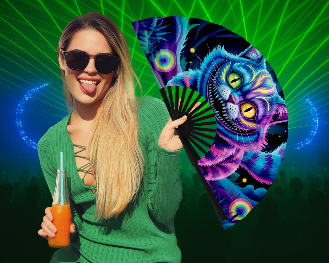 Neon Cheshire Cat Folding Fan – UV Blacklight Reactive | 26" Rave Clack Fan for Festivals, Clubs, and EDM Events