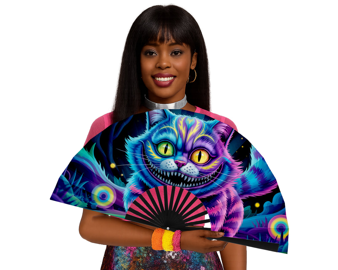 Neon Cheshire Cat Folding Fan – UV Blacklight Reactive | 26" Rave Clack Fan for Festivals, Clubs, and EDM Events