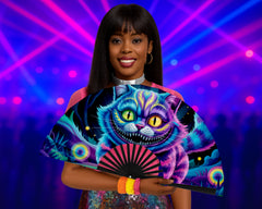 Neon Cheshire Cat Folding Fan – UV Blacklight Reactive | 26" Rave Clack Fan for Festivals, Clubs, and EDM Events
