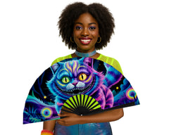 Neon Cheshire Cat Folding Fan – UV Blacklight Reactive | 26" Rave Clack Fan for Festivals, Clubs, and EDM Events