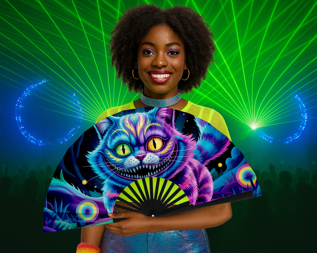 Neon Cheshire Cat Folding Fan – UV Blacklight Reactive | 26" Rave Clack Fan for Festivals, Clubs, and EDM Events