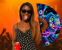 Neon Cheshire Cat Folding Fan – UV Blacklight Reactive | 26" Rave Clack Fan for Festivals, Clubs, and EDM Events