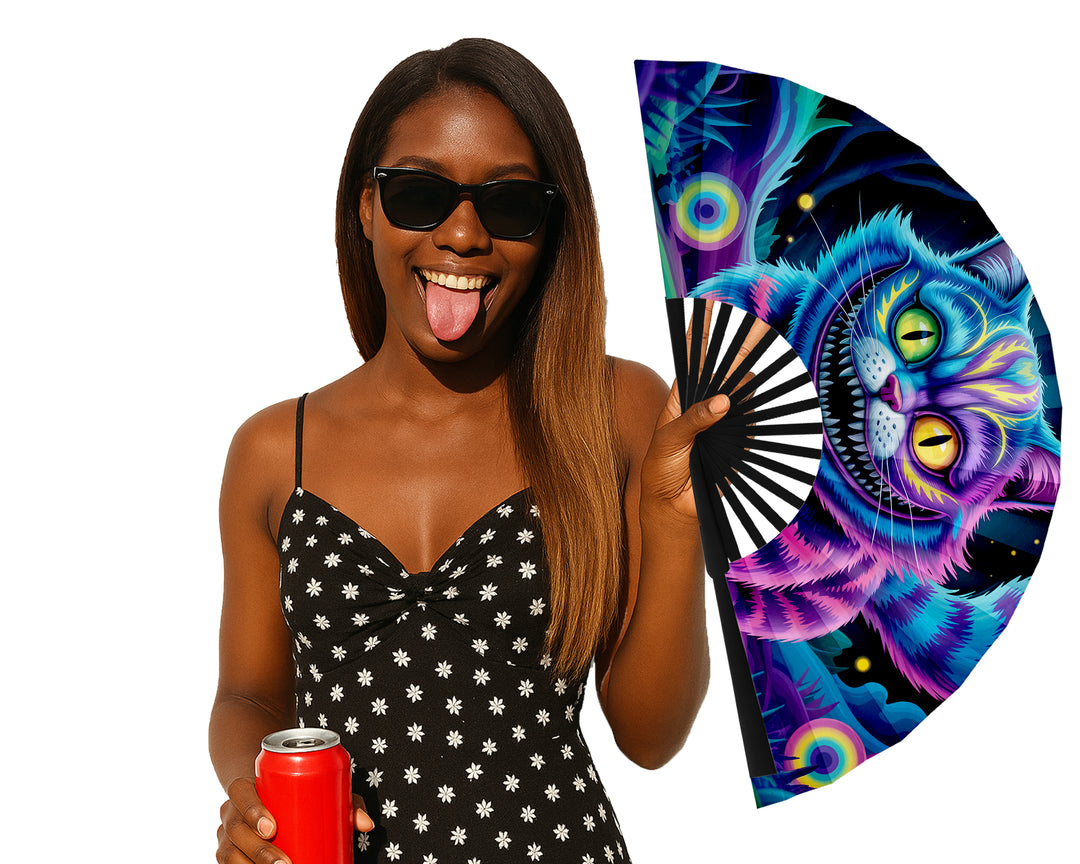 Neon Cheshire Cat Folding Fan – UV Blacklight Reactive | 26" Rave Clack Fan for Festivals, Clubs, and EDM Events