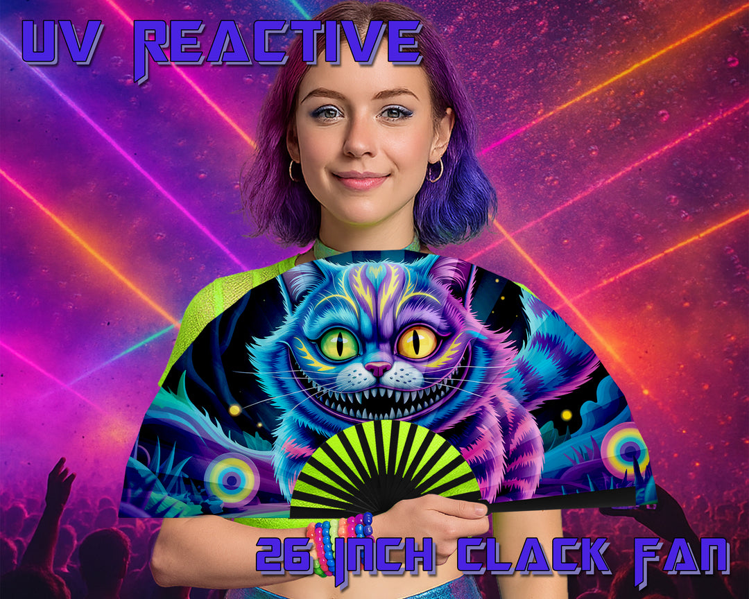 Neon Cheshire Cat Folding Fan – UV Blacklight Reactive | 26" Rave Clack Fan for Festivals, Clubs, and EDM Events