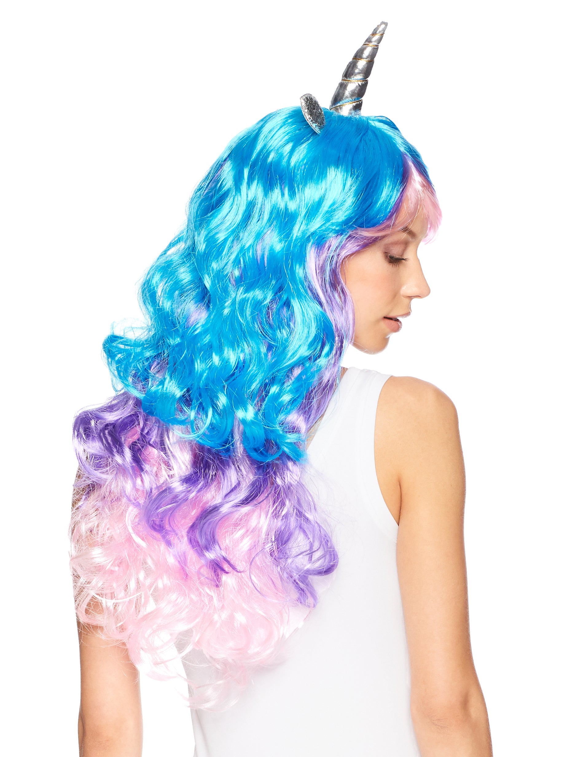 Unicorn Wig - Multi Color Rainbow Wigs, Fun Rainbow Colors, Cosplay, Fantasy, Unicorn Horns and Long Flowing Hair