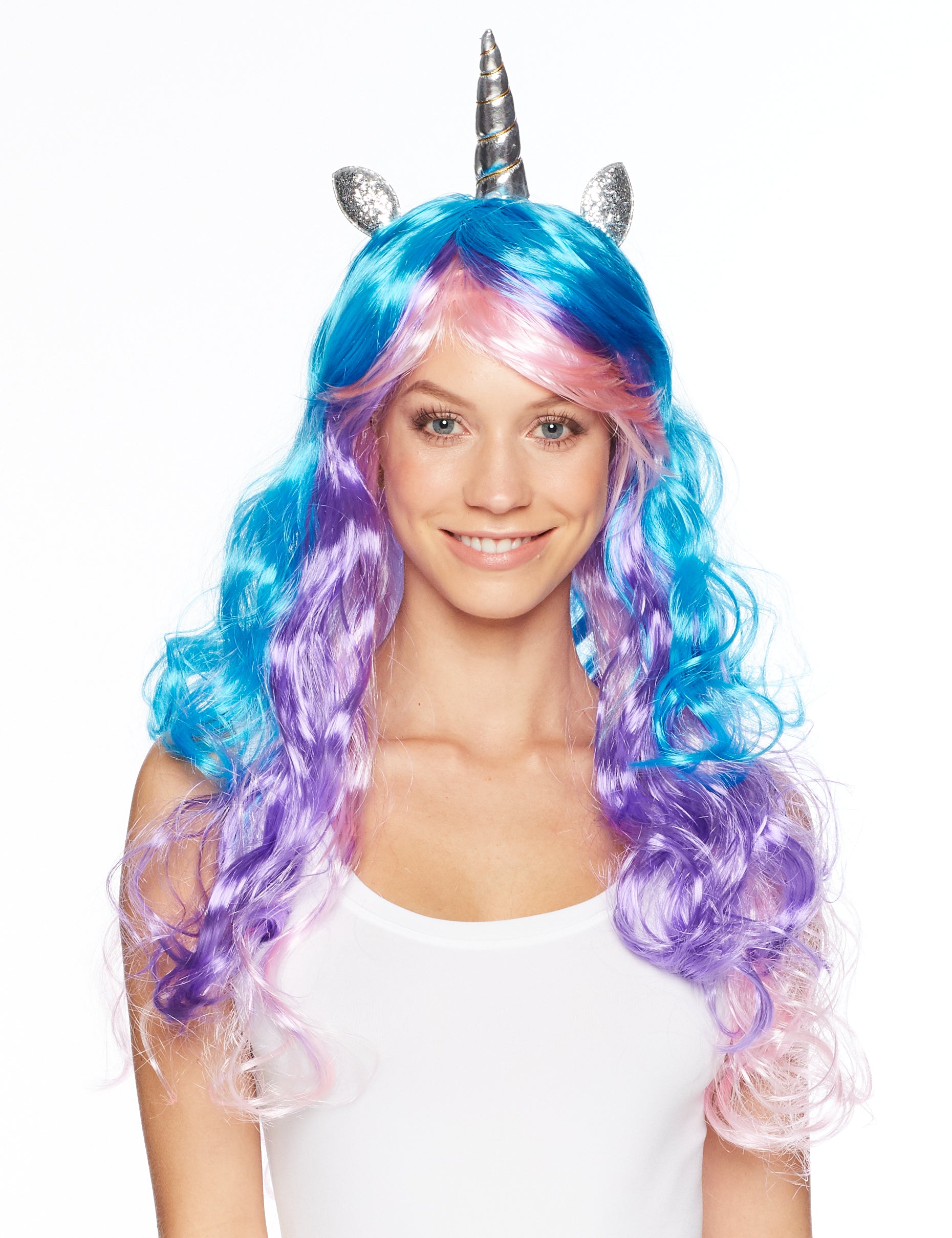 Unicorn Wig - Multi Color Rainbow Wigs, Fun Rainbow Colors, Cosplay, Fantasy, Unicorn Horns and Long Flowing Hair