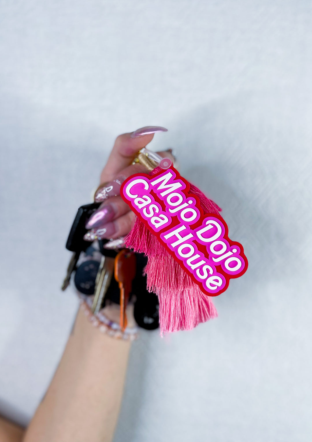 Mojo Dojo Casa House Keychain with Pink Tassles - Witty and Trendy Accessory for Home Office, Car, Dorm Decor, Perfect for Anime, Kawaii, and Pink Stuff Lovers