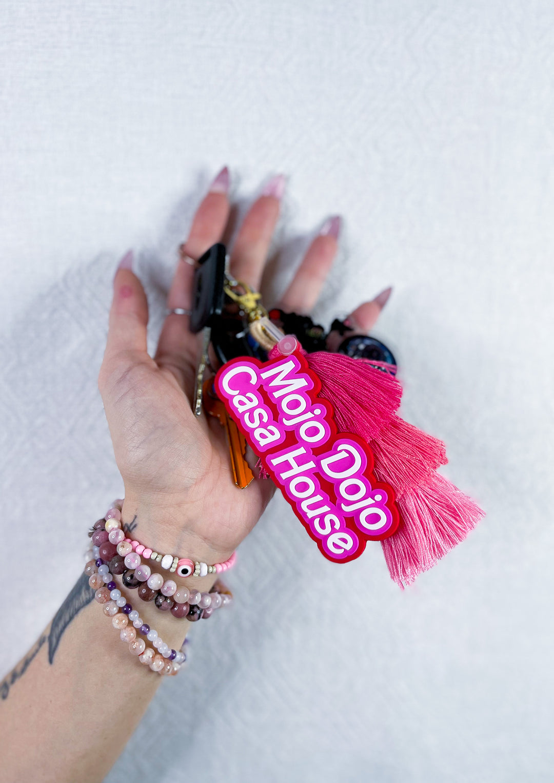 Mojo Dojo Casa House Keychain with Pink Tassles - Witty and Trendy Accessory for Home Office, Car, Dorm Decor, Perfect for Anime, Kawaii, and Pink Stuff Lovers