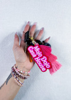 Mojo Dojo Casa House Keychain with Pink Tassles - Witty and Trendy Accessory for Home Office, Car, Dorm Decor, Perfect for Anime, Kawaii, and Pink Stuff Lovers