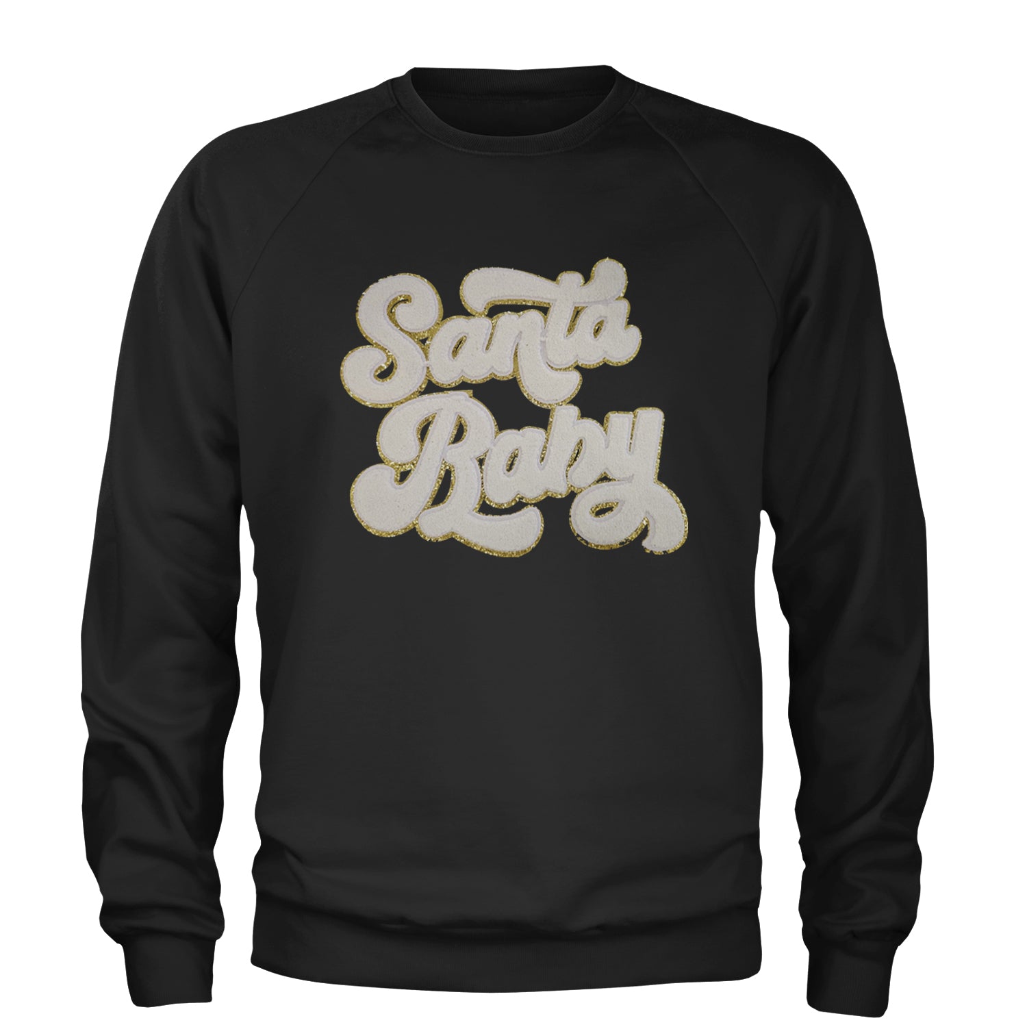 White Santa Baby Chenille Patch Adult Crewneck Sweatshirt Black