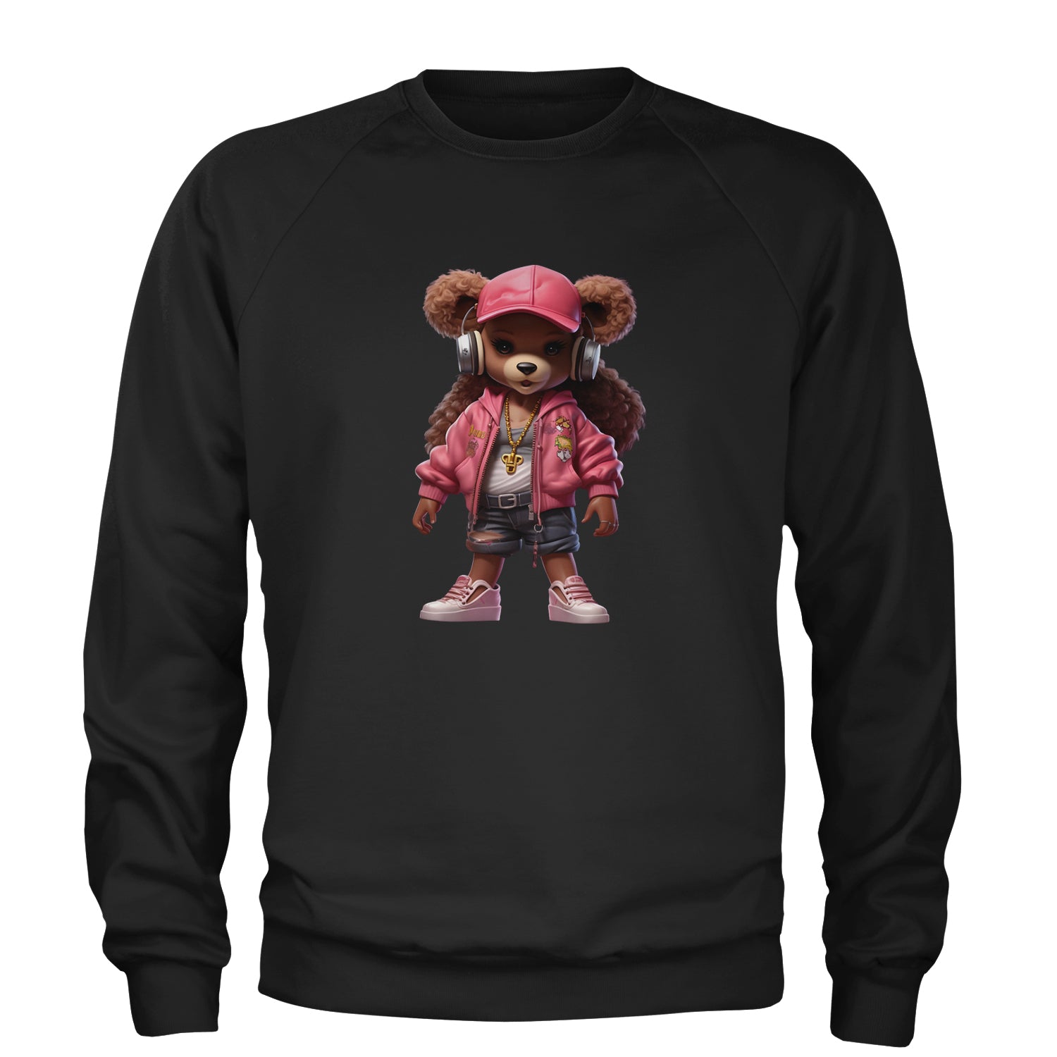 Pink Female Urban Graffiti Bear Adult Crewneck Sweatshirt Black