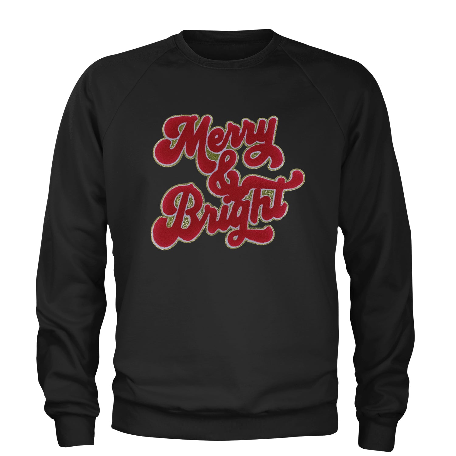 Merry & Bright Chenille Glitter Adult Crewneck Sweatshirt Black