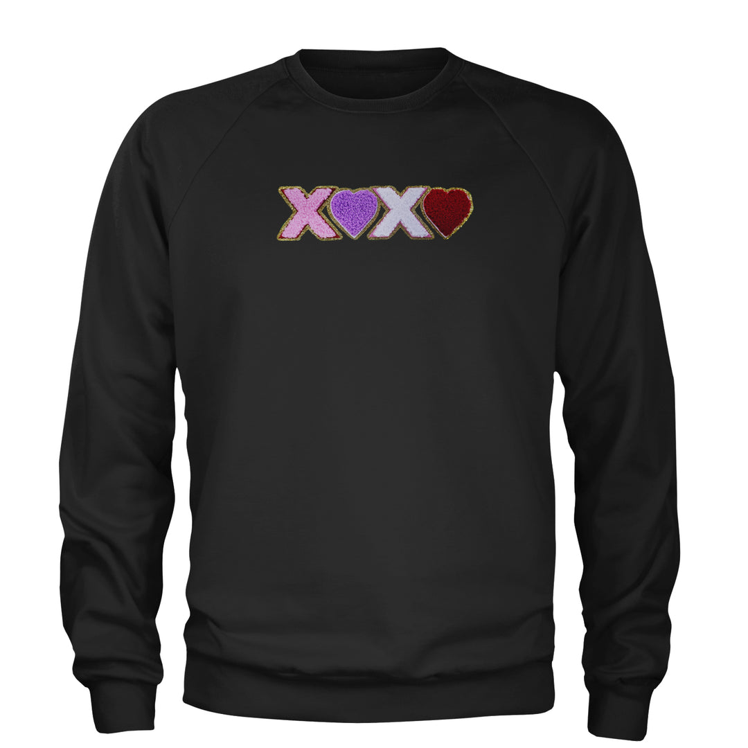XOXO Chenille Patch Valentines Days Adult Crewneck Sweatshirt Black