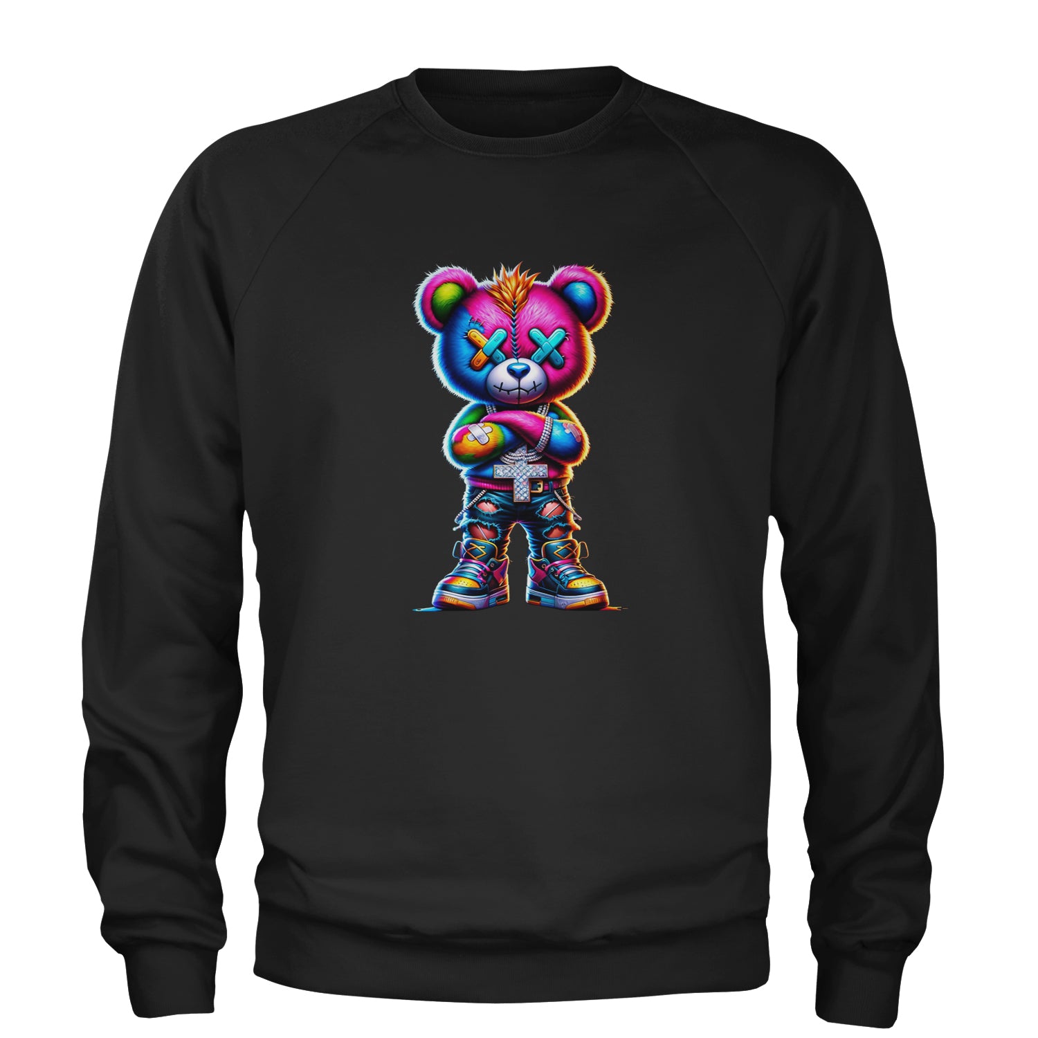 Stitched Neon Urban Graffiti Bear Adult Crewneck Sweatshirt Black