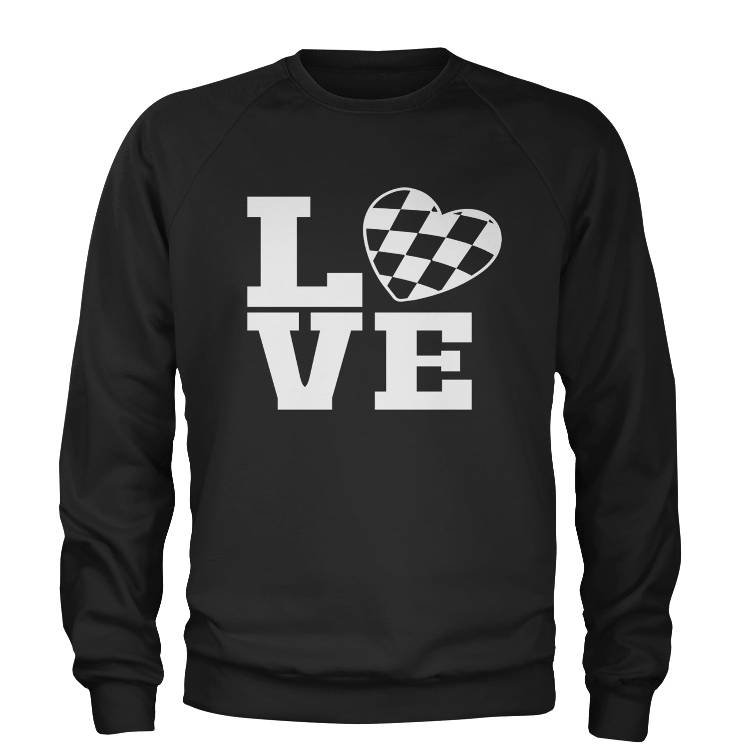 Love Racing Checkered Flag Heart Adult Crewneck Sweatshirt Black