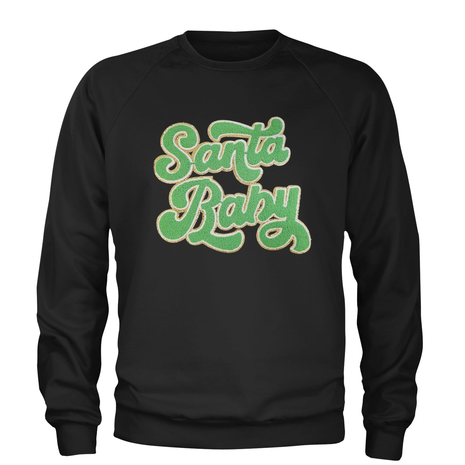 Green Santa Baby Chenille Patch Adult Crewneck Sweatshirt Black