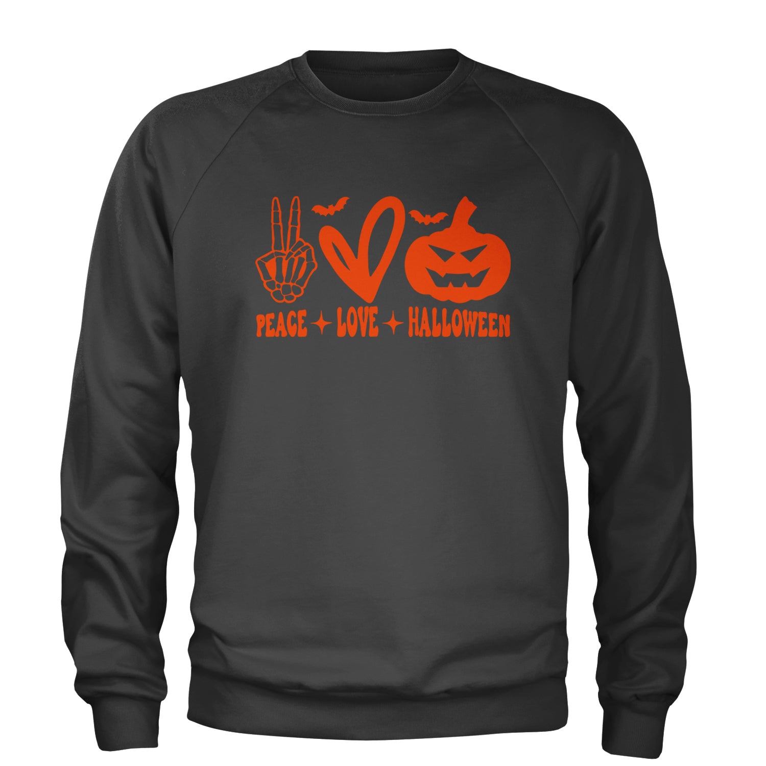 Peace, Love and Halloween Adult Crewneck Sweatshirt Charcoal Grey