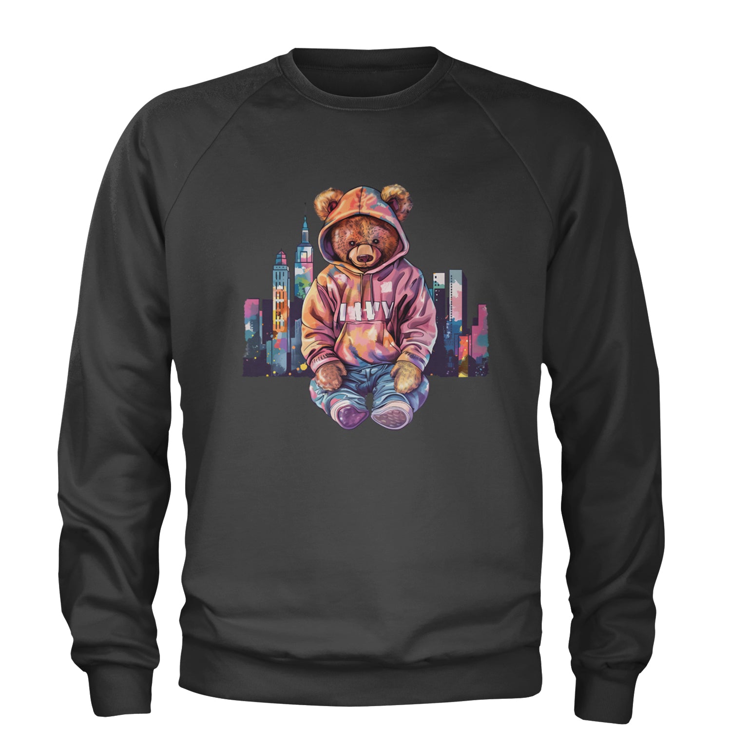 City Skyline Urban Graffiti Bear Adult Crewneck Sweatshirt Black