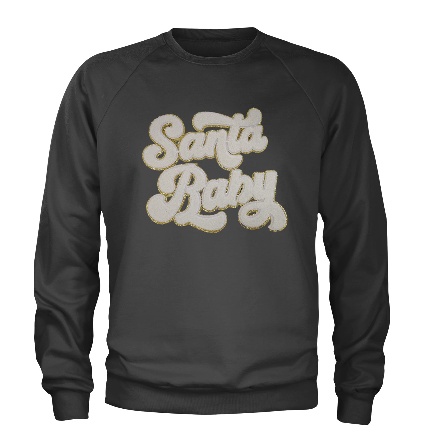 White Santa Baby Chenille Patch Adult Crewneck Sweatshirt Black