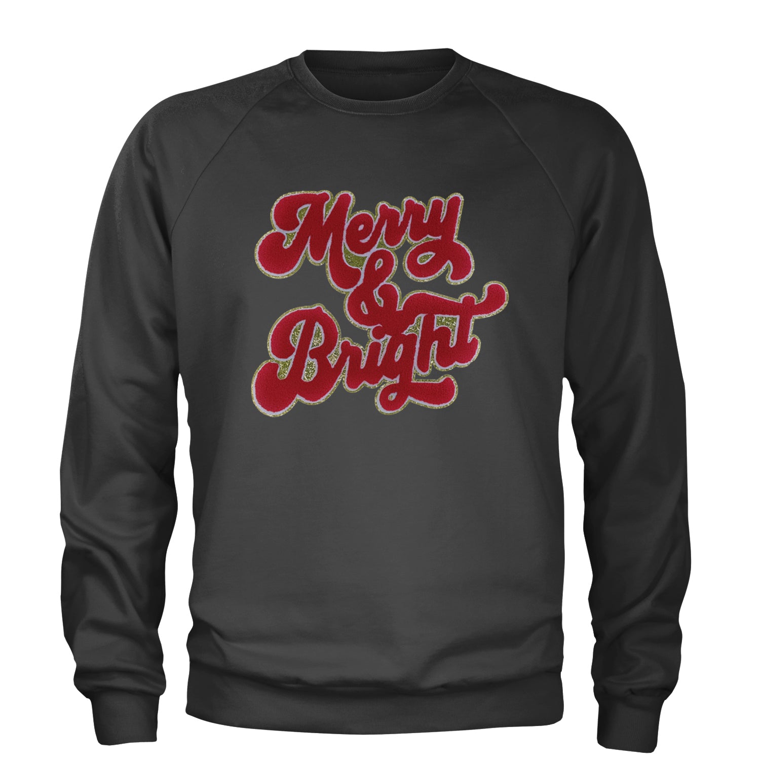 Merry & Bright Chenille Glitter Adult Crewneck Sweatshirt Black