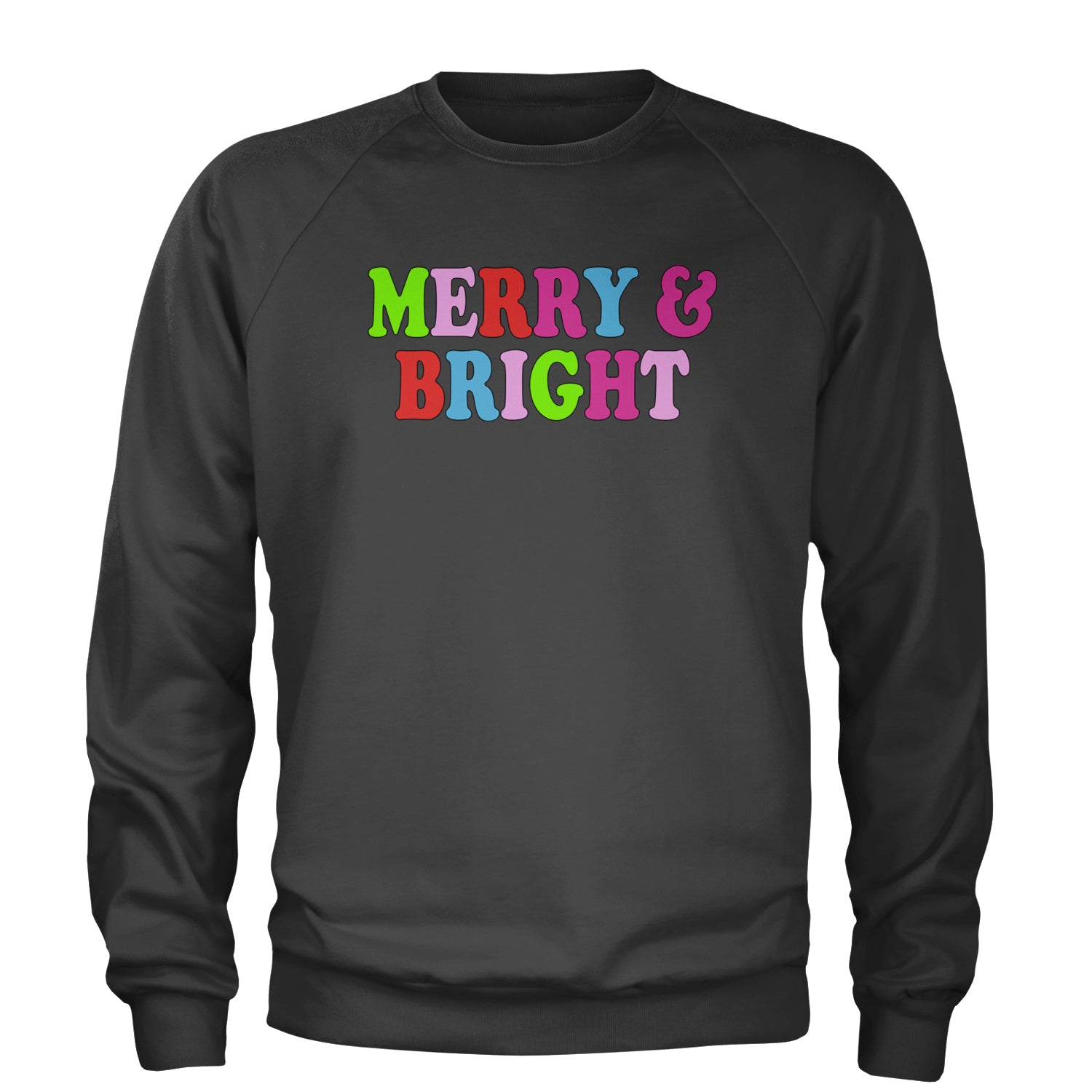 Merry and Bright Festive Christmas Holiday Adult Crewneck Sweatshirt Charcoal Grey