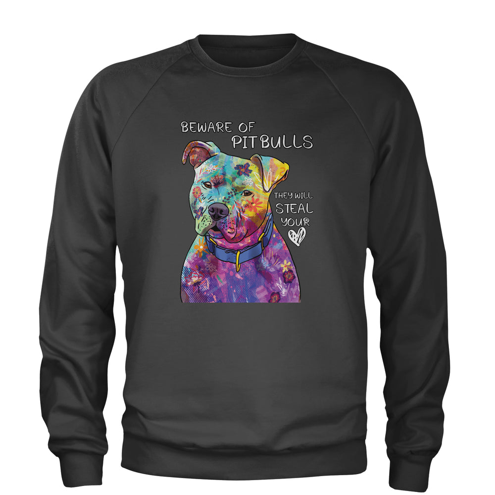 Beware Of Pit Bulls, They Will Steal Your Heart  Adult Crewneck Sweatshirt Charcoal Grey