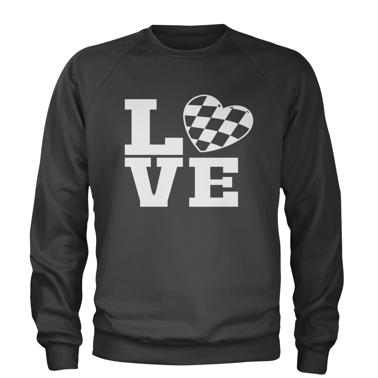 Love Racing Checkered Flag Heart Adult Crewneck Sweatshirt Charcoal Grey